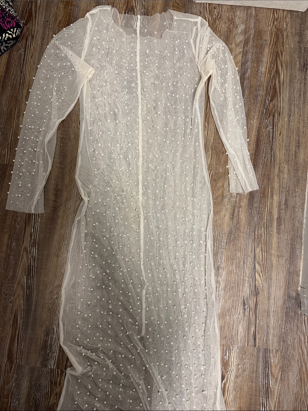 Sheer Ivory Pearl-Embellished Long Sleeve Dress